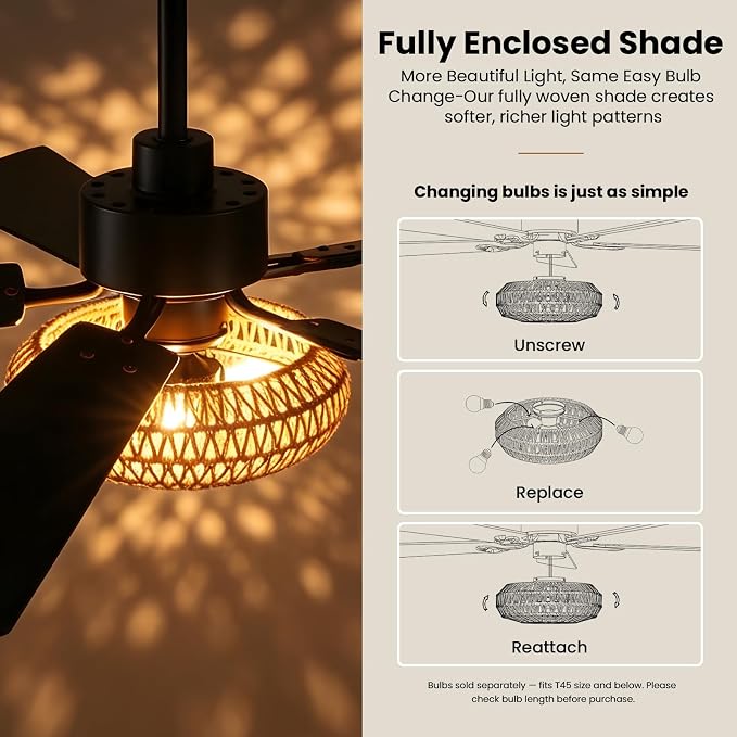 52inch Ceiling fan with Boho Rattan Caged Lampshade, Farmhouse Matte Black Ceiling Fan 5 Blades APP & Remote Control, 6-Speed Remote Dreo Fan Ceiling for Living Room Dining Room Bedroom