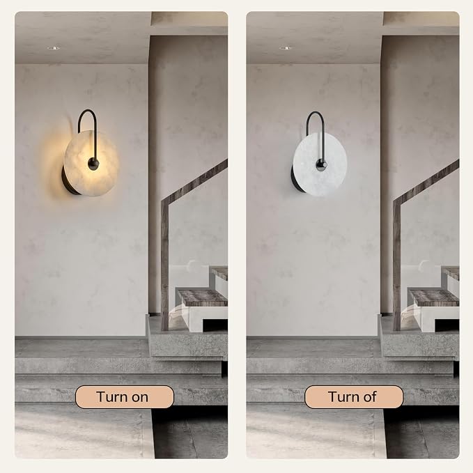 Round Alabaster Wall Sconce Set of Two, Natural Marble Lampshade Wall Sconce, Hardwired Circular Sconce LED Modern Wall Lamp for Bedroom, Stairs, Living Room, Bedside, Hallway 9.84 Inch Black