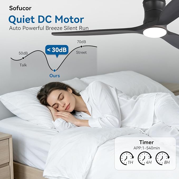 Sofucor 52" Smart Ceiling Fan, Solid Wood Ceiling Fan with Lights and Remote, Flush Mount Ceiling Fan Works with Alexa/Google/App, Dimmable 6-Speed Timing Reversible DC Motor for Bedroom Living Room