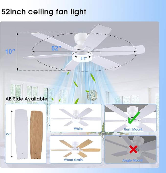 Kviflon 52" Ceiling Fans with Lights, Low Profile Ceiling Fan with Light and Remote/APP Control, Flush Mount Ceiling Fan with 6 Reversible Fan Blades, 3CCT, Dimmable, Quiet Motor for Kidsroom White
