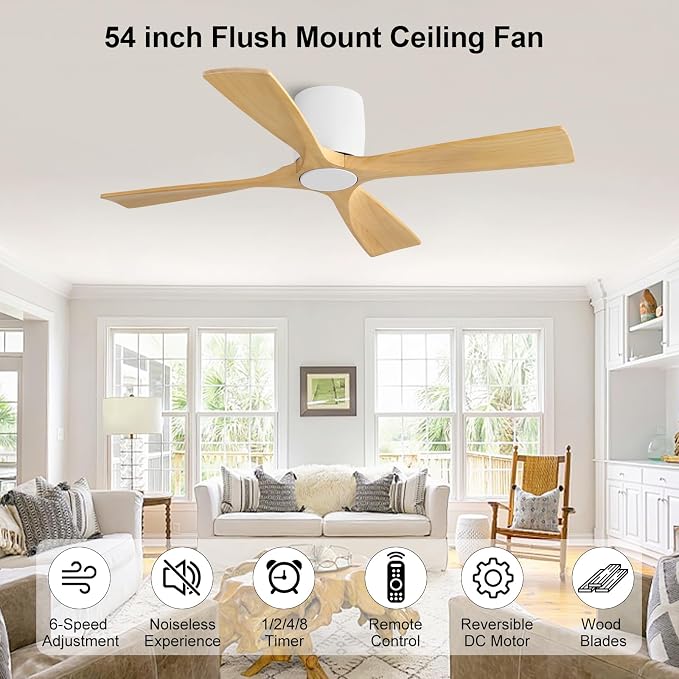 WINGBO 54 Inch Ceiling Fan Without Light, Solid Wood Flush Mount Ceiling Fan with Remote Control, Reversible DC Motor, 4 Blades, 6-Speed Quiet Performance, for Bedroom & Living Room, White+Light Wood