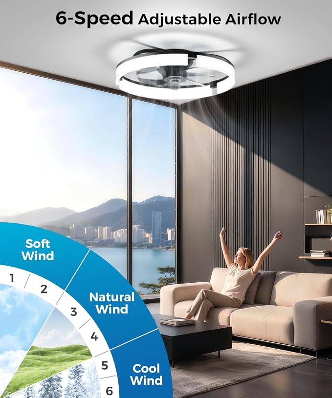 PACOVY Ceiling Fans with Lights and Remote 20 Inch, 3200LM LED & 6-Speed Fan, Low Profile Ceiling Fan Light Fandelier Dimmable 3000K–6500K, Quiet Copper Motor, Bedroom Small Flush Mount Ceiling Fan
