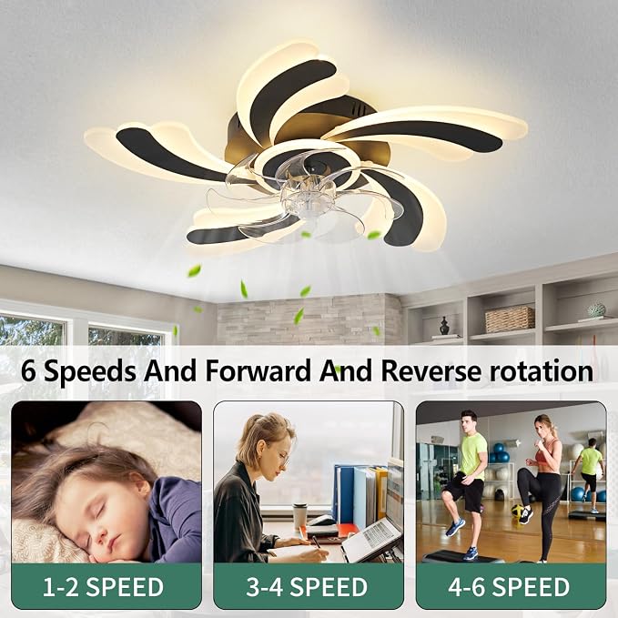 Low Profile Ceiling Fan with Remote &APP Control, Quiet Motor & Dimmable LED Light, Black Flush Mount Ceiling Fan for Bedroom (6-Speed Timer)
