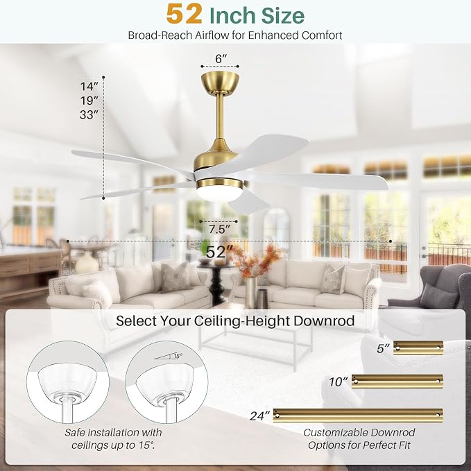 CACI Mall 52 Inch Ceiling Fans with Lights and Remote, modern, Outdoor ceiling fan with 6-Speed, 5 Blades, 2 Downrods, 3 CCT, Timer, Quiet Reversible DC Motor for Living Room, Bedroom, Patios