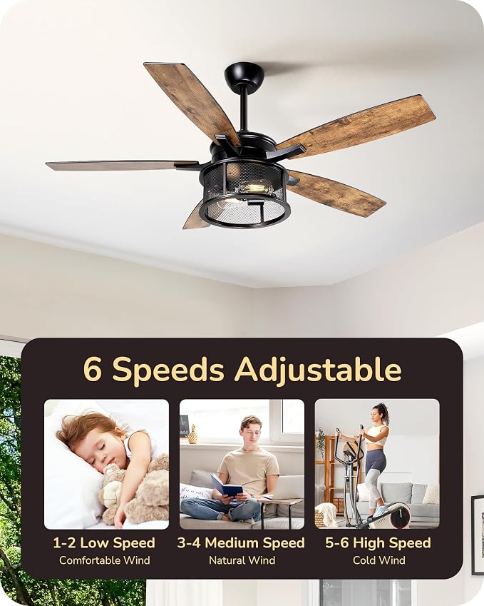 EDISHINE 52" Farmhouse Ceiling Fans with Lights and Remote, 10%-100% Dimmable, 5 Wooden Blades Lighting & Ceiling Fans with Timer, 6 Speeds Reversible DC Motor for Living Room Bedroom, Burnt Wood