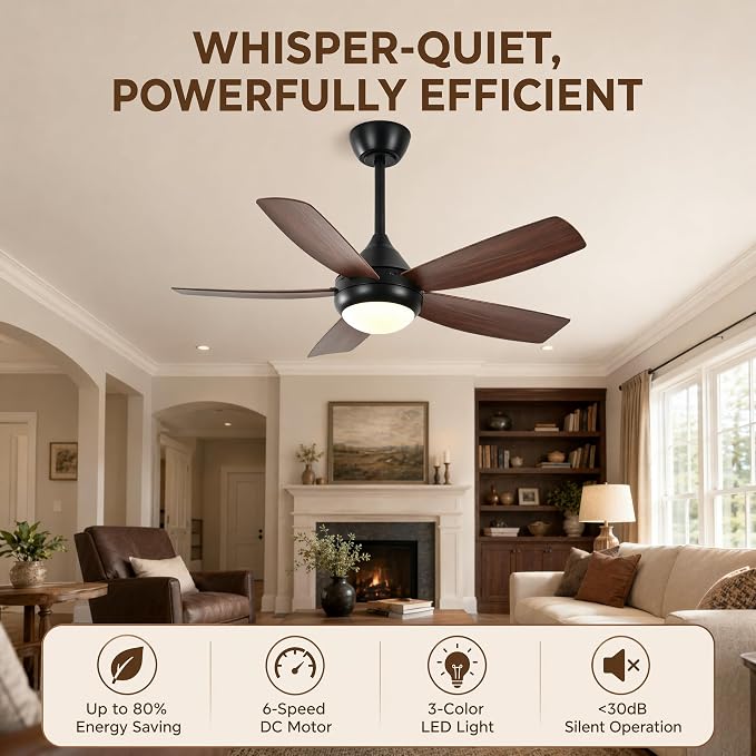 Ceiling Fans with Lights and Remote Control, 42 Inch Ceiling Fan with Light for Bedroom Living Room and Patio, Quiet 6 Speeds DC Reversible, Dimmable, Noiseless, Low Profile Ceiling Fans