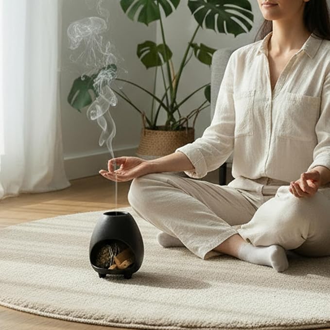 Palo Santo Holder Burner, Handcrafted Ceramic Incense Holder Burner and Ash Catcher for Palo Santo Sticks or sage Bundles, Smudge Bowl, Meditation Home Decor (Black)