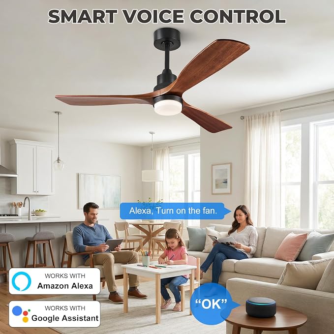 60 inch Smart Ceiling Fan with Lights,Outdoor Ceiling Fan 3 Wood Blades Compatible with Alexa/Gg Voice Control&App&Remote,Quiet DC Motor for Covered Patio Porch Bedroom,Dark Walnut