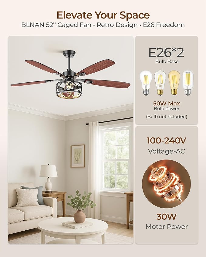 Ceiling Fans with Lights and Remote, 52'' Vintage Caged Ceiling Fan with Light, 5 Blades, 6+1 Speed, Flush Mount Ceiling Fan Whisper-quiet for Farmhouse, Living Room, Kitchen and Porch (52 Inch)