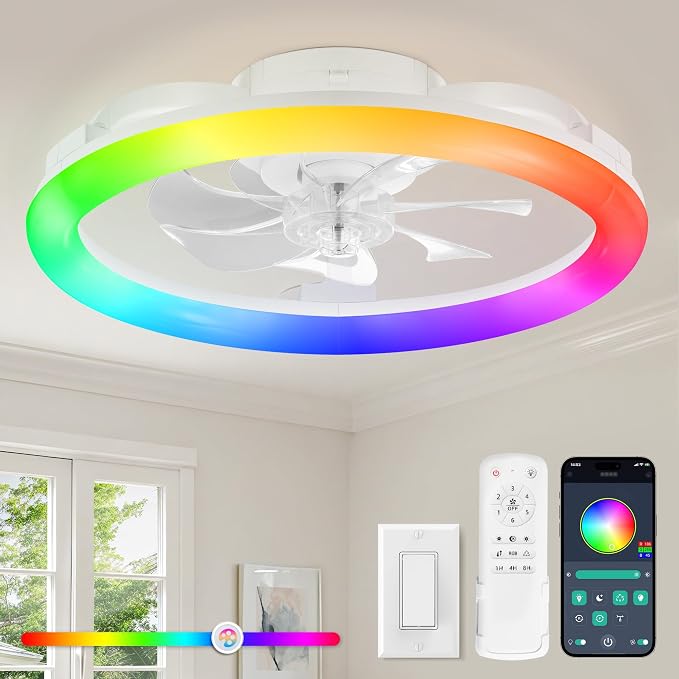 LEDIARY RGB Low Profile Ceiling Fans with Lights and Remote, 20 Inch Dimmable Modern Ceiling Fan(3000K-6000K), 6 Speed, Reversible, APP & Remote Control, Flush Mount Fan Light, White RGB Ceiling Fans