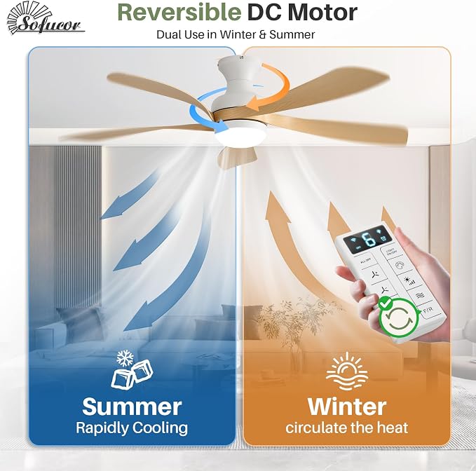 Sofucor Smart 52'' Low Profile Ceiling Fan with Lights and Remote, Flush Mount Ceiling Fan Work with APP/Alexa/Google for Modern Bedroom Living Room Patio, Dimmable LED Quiet Reversible DC Motor