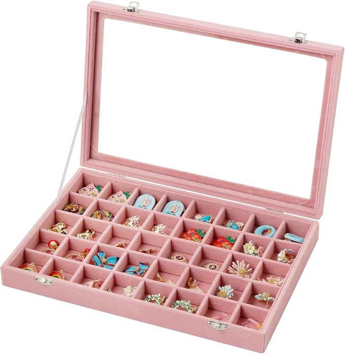 Frebeauty 40 Grid Earring Organizer,Velvet Jewelry Tray with Clear Lid | Drawer Jewelry Organizer for Rings Studs Beads,Adjustable Dividers,Dustproof,Earring Storage,Trinket Box,13.8×9.5Inches