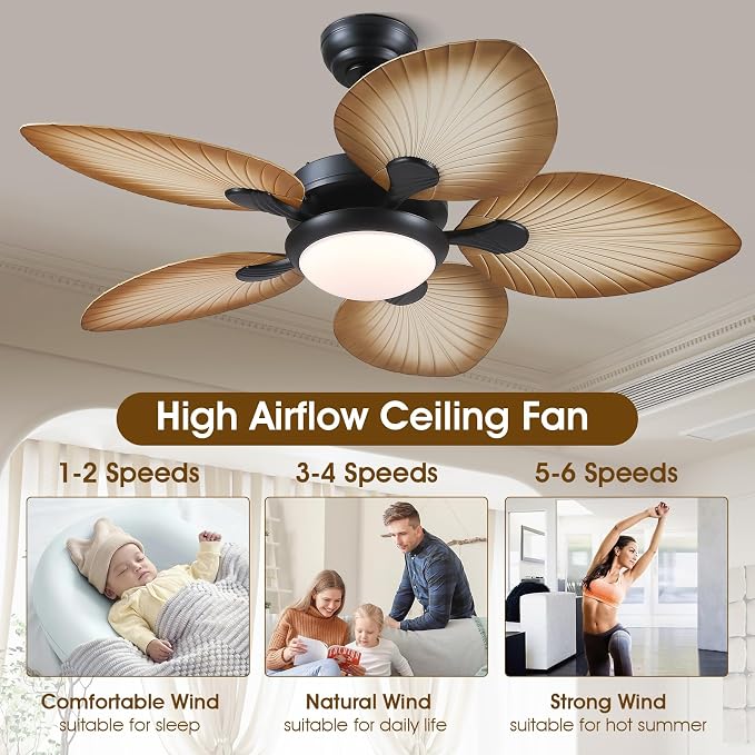 Wiviniya Tropical Ceiling Fans with Lights, 44 Inch Palm Leaf Outdoor Ceiling Fan with Light for Patios Porch Bedroom, Remote/APP Control, Reversible Quiet DC Motor, Dimmable LED, Wood Grain