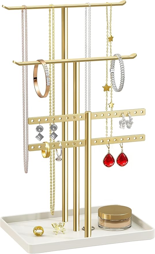 pickpiff Jewelry Stand Holder Organizer: 14.5" Sturdy Hanger for 80 Pcs Jewelry, Gift for Women, Gold Jewlery Tower for Necklace, Earring, Bracelet