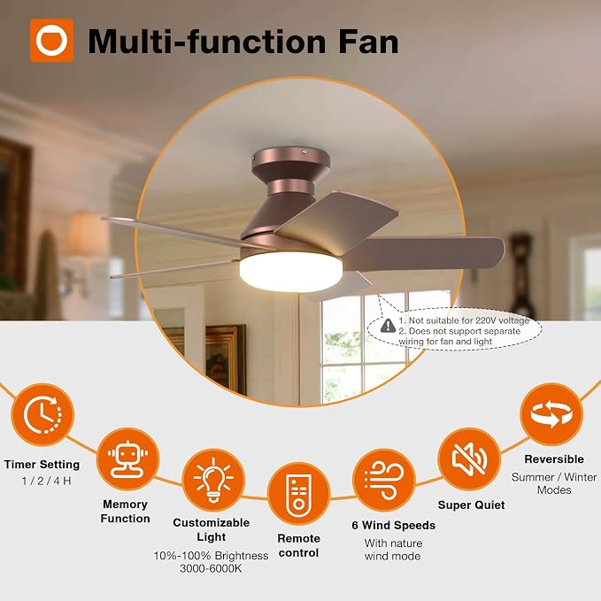 addlon Ceiling Fans with Lights, 32 Inch Low Profile Ceiling Fan with Light and Remote Control, Flush Mount, Reversible, 3CCT, Dimmable, Quiet, Brown Small Ceiling Fan for Bedroom Indoor/Outdoor Use