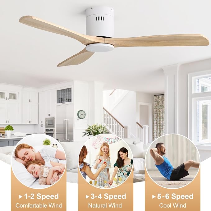 Sofucor Ceiling Fan No Light 52 Inch Flush Mount Ceiling Fan, Quiet Reversible DC Motor, Solid Wood Indoor Outdoor Ceiling Fan with Remote Control, 6-Speed for Bedroom Patio Farmhouse