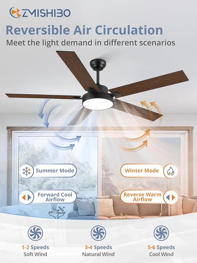 ZMISHIBO 60 Inch Ceiling Fans with Lights, Smart Remote/APP Control, Modern Ceiling Fan with 6 Speeds & 3CCT, Dimmable 30W LED, Quiet DC Motor, Noiseless for Living Room, Bedroom, Kitchen, Black