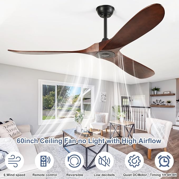 60'' Outdoor Ceiling Fans without Light,3 Solid Wood Blades with DC Silent and Large Airflow,Modern Ceiling Fan for Bedroom,Living Room,Porch (dark walnut)
