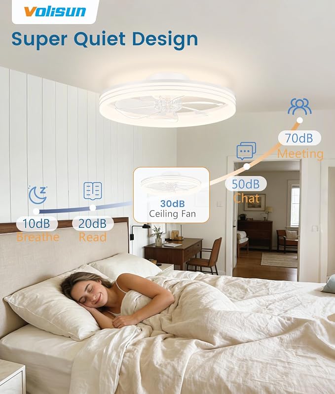 VOLISUN Low Profile Ceiling Fans with Lights and Remote, No Assembly, 20in Flush Mount Ceiling Fan with Light, 3000K-6500K Dimmable Fandelier LED Fan Light, Black Bladeless Ceiling Fans for Bedroom