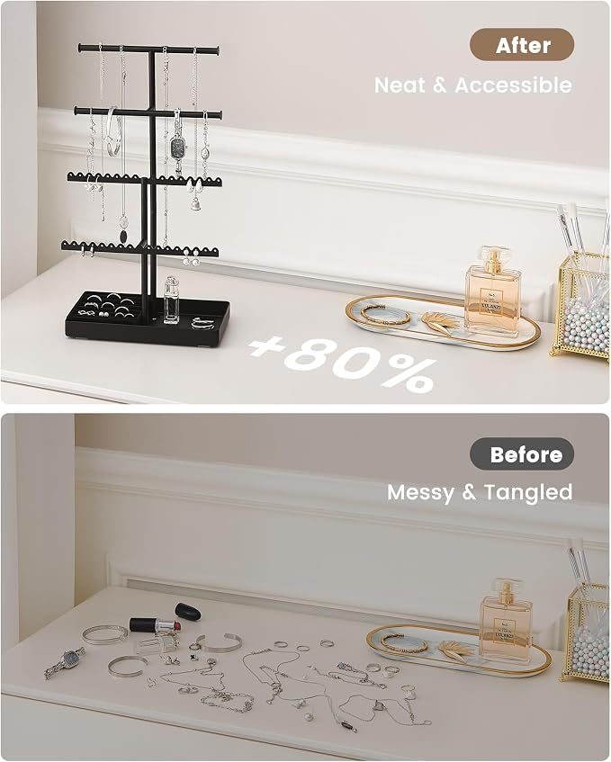 Lolalet 4-Tier Jewelry Organizer Stand, Metal Jewellery Holder, Dresser Display Rack for Necklace Earring Bracelets Rings, Gift for Women Girls -Black