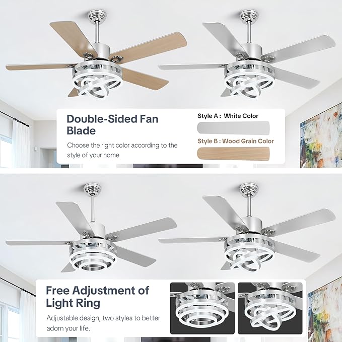 52" Ceilling Fan with Light Chandelier Fan Modern DC Motor Dimmable Led Fandelier Ceiling Fan with Light for Bedroom, Living Room Silver