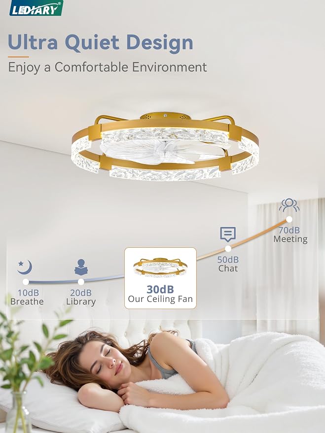 LEDIARY 24 Inch Low Profile Ceiling Fans with Lights and Remote, Flush Mount Fandelier Ceiling Fan, 3000K-6000K Dimmable LED Fan Light, Gold Modern Ceiling Fans with Lights for Bedroom