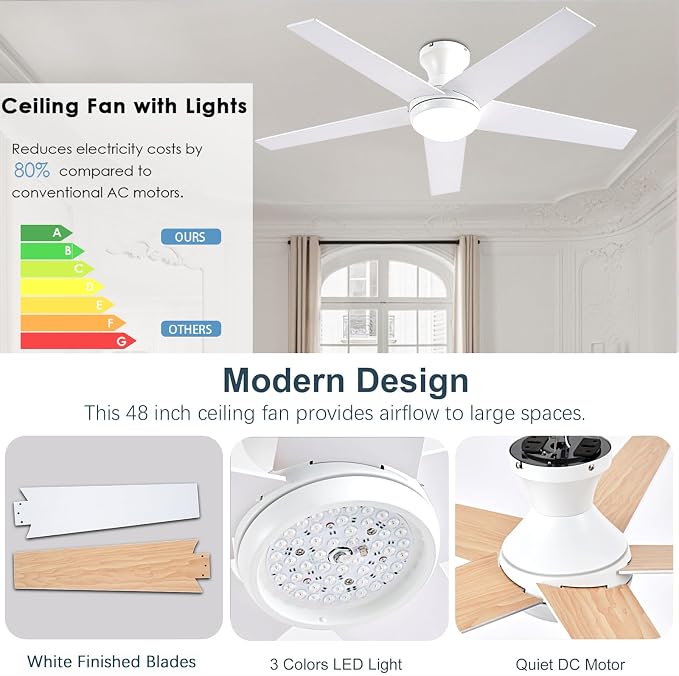 Ayaoty Ceiling Fans with Lights, 54" Low Profile Indoor Ceiling Fan with Light and Remote Control, Dimmable, Noiseless, Reversible, Brown Ceiling Fan for Bedroom, Indoor/Outdoor Use