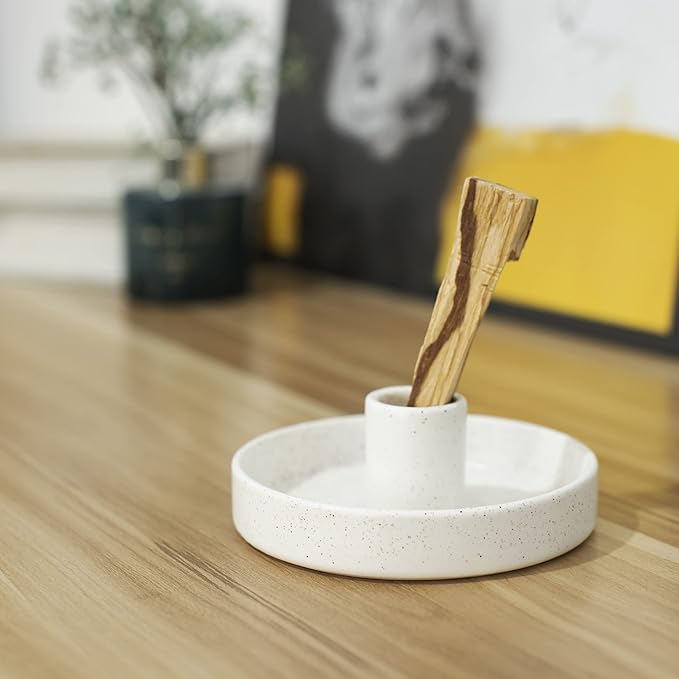 Palo Santo Holder, Ceramic Incense Holder for Palo Santo Sticks, Scent Wood Stand and Ash Catcher, Simple, Sturdy and Well Made Incense Burner, Cozy Speckled White