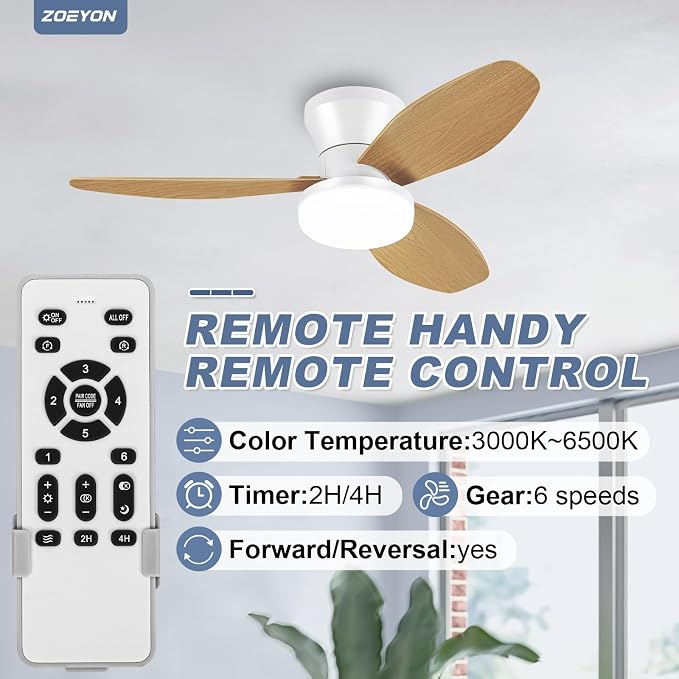 Small White&Wood Ceiling Fan with Light - 35 Inch Flush Mount Ceiling Fan with Lights and Remote, Low Profile Ceiling Fans with 3 Reversible Blades, 6 Speeds, Ceiling Fans for Bedroom Kitchen