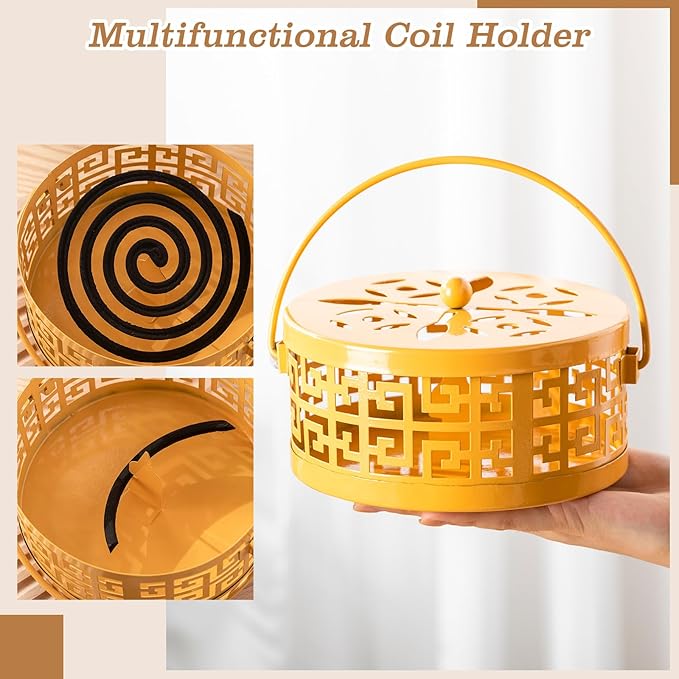 Lallisa 4 Pieces Mosquito Coil Holder Incense Coil Holder Round Retro Portable Metal Hanging Incense Burner with Handle for Home Camping Indoor Outdoor Patio(Yellow)