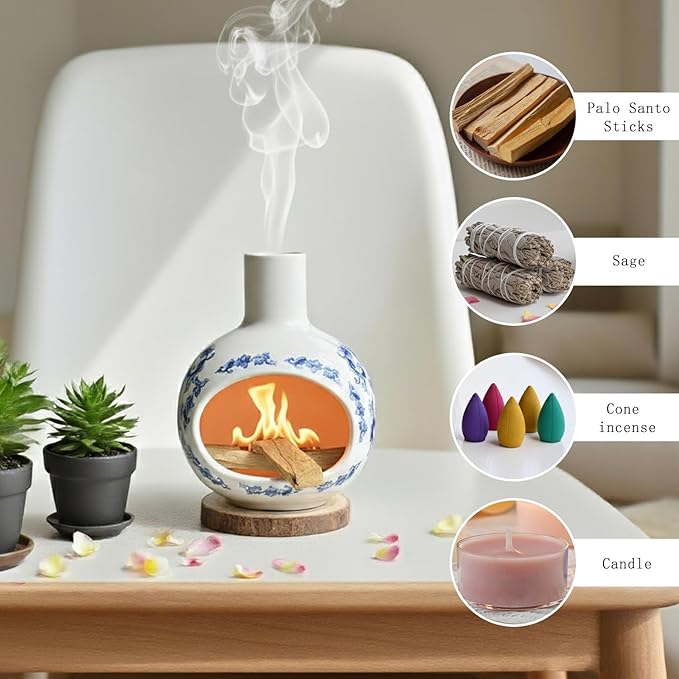 Blue and White Porcelain Palo Santo Holder & Ceramic Incense Burner, Handcrafted Mini Chimney with Tree of Life 7 Chakra Stones Pendant, Ash Catcher for Sage & Cones, Yoga Meditation Gift Set