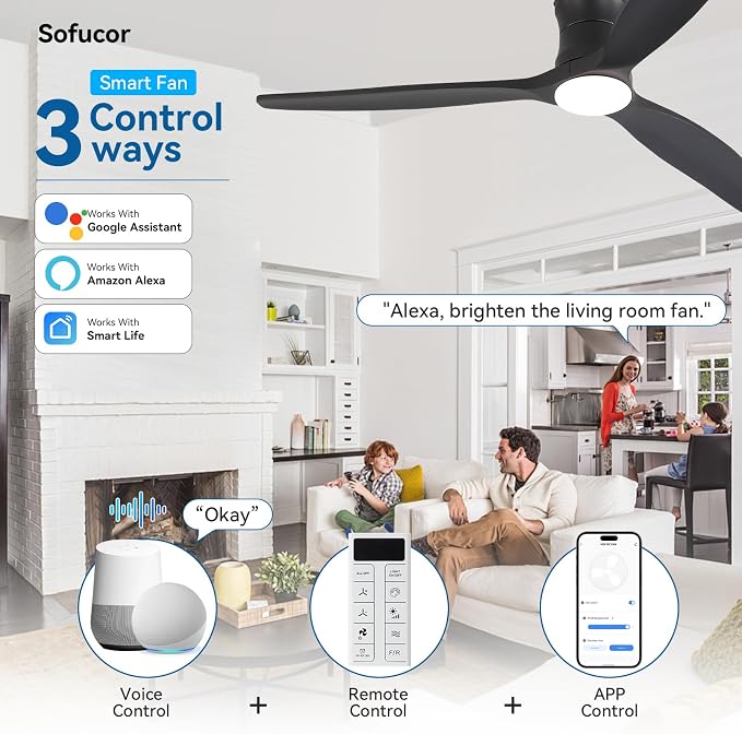 Sofucor 52" Smart Ceiling Fan, Solid Wood Ceiling Fan with Lights and Remote, Flush Mount Ceiling Fan Works with Alexa/Google/App, Dimmable 6-Speed Timing Reversible DC Motor for Bedroom Living Room