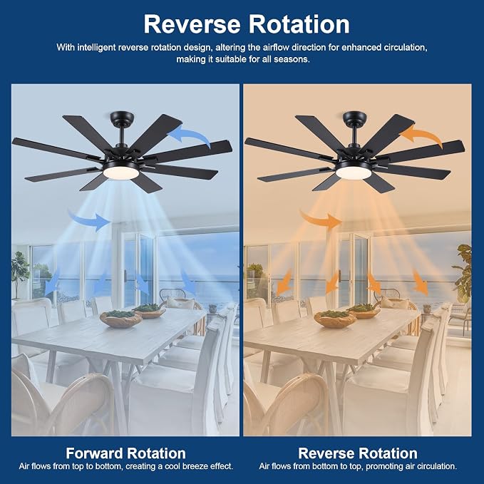 Kviflon 52 Inch Ceiling Fans with Lights, Modern Black Ceiling fan with light for Bedroom Living Room Indoor Outdoor, Remote/APP Control, Reversible Quiet DC Motor, Dimmable LED, 8 Wooden Blades