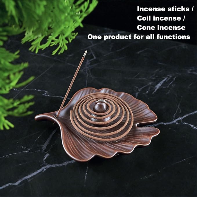 Ceramic Incense Holder, Incense Burner Tray for Sticks,Coil,Cone,Handcrafted Burner Ash Catcher for Yoga Meditation Energy Cleansing Room Décor(Brown, Ginkgo Leaf & Gourd)