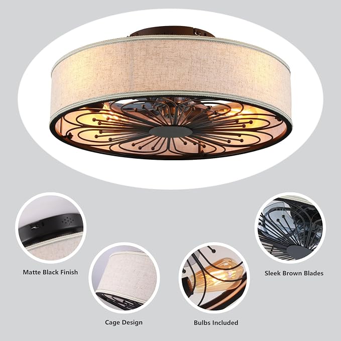 20" Boho Rattan Caged Ceiling Fan with Light,Low Profile Flush Mount Bladeless Ceiling Fan with Remote Control, 6 Speeds Reversible Silent Motor, Farmhouse Fabric Fandalier for Bedroom,Living Room