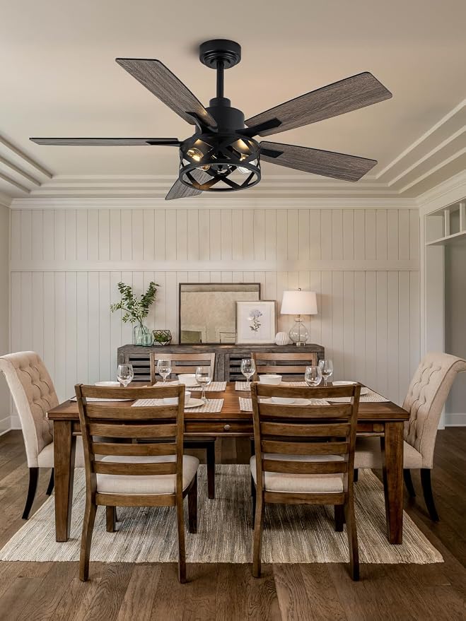 52" Farmhouse Ceiling Fan with Lights and Remote, Rustic Ceiling Fan Black Caged Fandelier Large Industrial Chandelier Light for Bedroom Living Room, Reversible DC Motor 6 Speeds