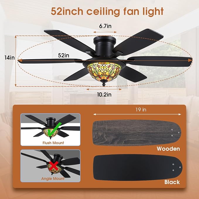 Tiffany Ceiling Fans with Lights - 52" Ceiling Fan Chandelier with Stained Glass Shade, 6 Speeds Reversible 6 Dual-Blades, Flush Mount, 3 CCT Dimmable LED Lights, Remote & APP Control, Farmhouse