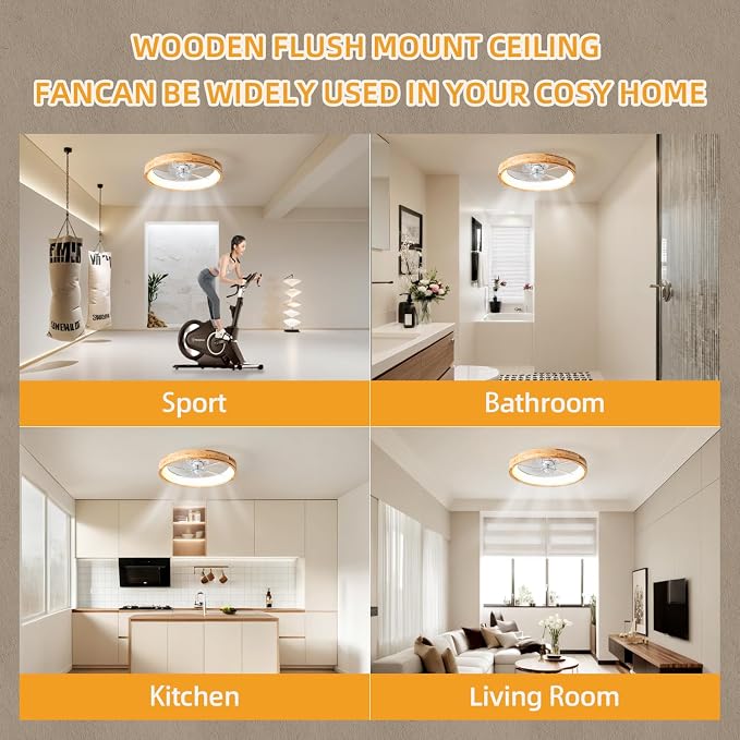 Low Profile Ceiling Fan with Light and Remote Control, 20 Inch Small Flush Mount Wood Fan Light, Modern Smart Dimmable Quiet LED Fan Light for Bedroom Living Room