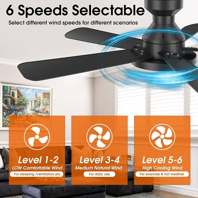 Ceiling Fans with Lights, 46" Low Profile Ceiling Fan with Light, Remote/App Control, Flush Mount Black Ceiling Fan for Bedroom, Indoor/Outdoor