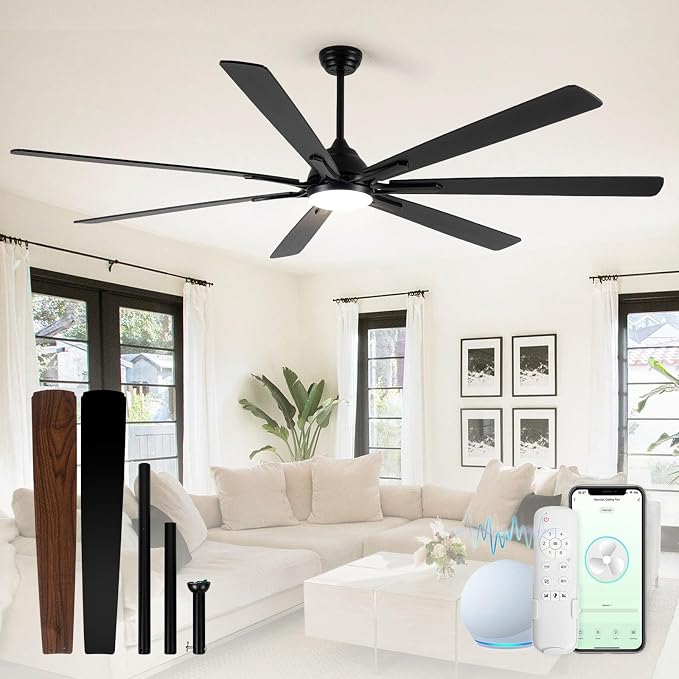 Minislak 84" Large Smart Ceiling Fan with Lights Remote Control via WiFi Alexa,6-Speeds Quiet DC Motor,Dimmable,Indoor Outdoor Black Ceiling Fan for Big Living Room,Covered Patio,Dual Finish 7 Blades