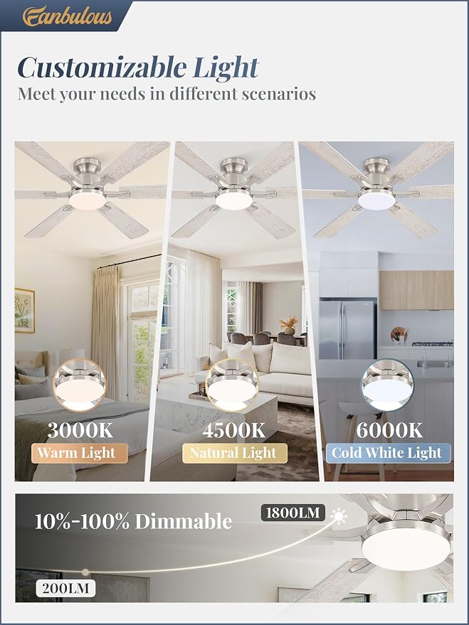 Fanbulous 52 Inch Ceiling Fan with Lights, APP & Remote Control, Flush Mount Low Profile Brushed Nickel Ceiling Fan, 3000-6000K Dimmable LED, Quiet Reversible Motor, 6 Speeds, for Bedroom Living Room