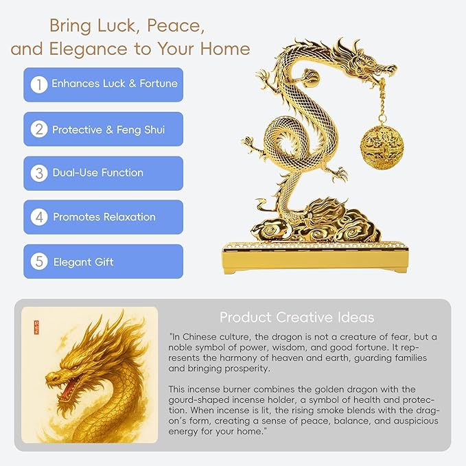 Golden Chinese Hanging Dragon Incense Burner for Sticks & Cones, 2 in 1 Brass Metal Censer with Ash Catcher, Easy to Clean with Brush, Elegant Incensario for Home Decor & Gift Box
