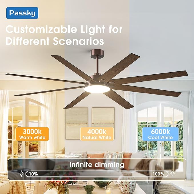 80 Inch Ceiling Fans with Lights, Large Modern Ceiling Fan with Light and Remote Control, Reversible, 3CCT, Dimmable, Quiet, Brown Ceiling Fan for Bedroom Living Room Patio Farmhouse, Indoor/Outdoor