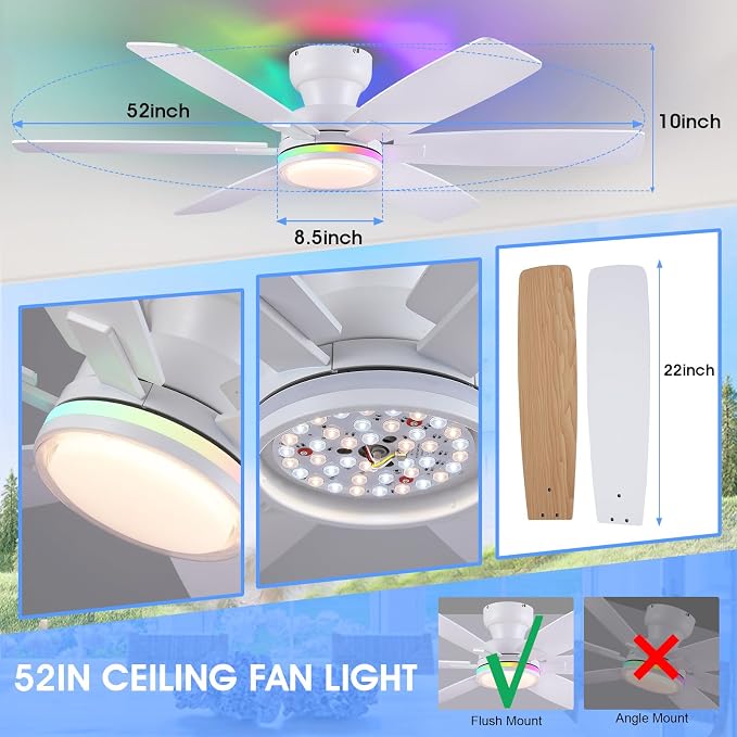 Kviflon 52 in Ceiling Fans with RGB Lights Remote/APP Control, Flush Mount Ceiling Fans, Double-Sided 6 Reversible Blades, RGB Ring Lights+3 CCT Dimmable Lights, Double Lampshade for Bedroom, White
