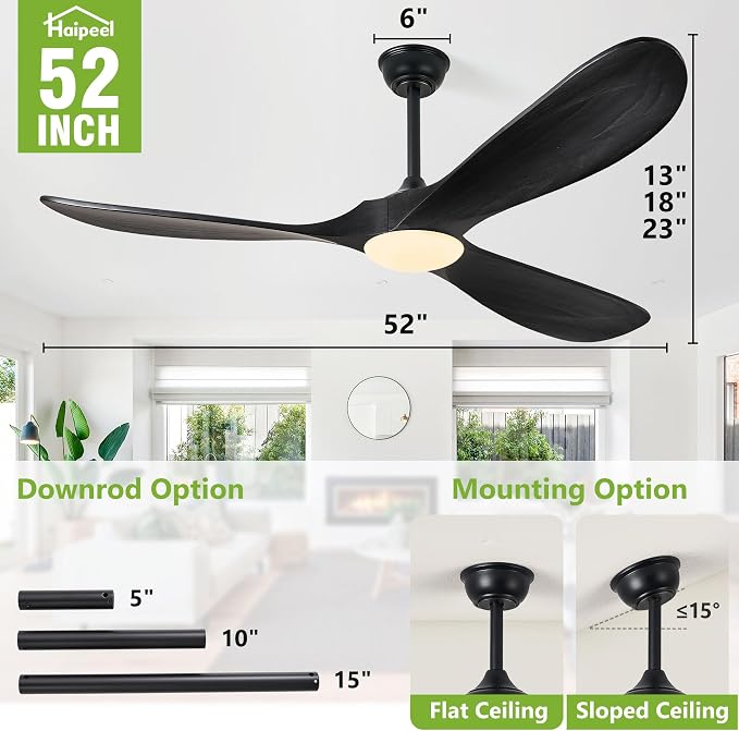 Haipeel 52 Inch Black Outdoor Ceiling Fans with Lights, Wood 3 Blades Outdoor Fan with Light and Remote Control Modern Propeller Ceiling Fans for Patios Porch Garage, ETL Listed DC Motor, Matte Black