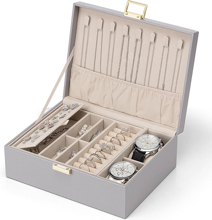 VLANDO 2 Layer Jewelry Box Large Jewelry Organizer for Women Removable Jewelery Tray with Watch Pillow for Necklace Earrings Rings Bracelets Gifts for Couples Mom Friends, Bridesmaid (Grey)