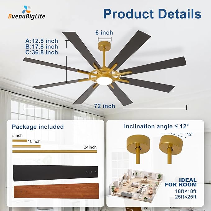 Large Ceiling Fans with Lights: Modern 72 Inch 8 Blade Outdoor Ceiling Fan with Remote APP Control - Dimmable Black Gold Big Fan light Indoor Reversible 6 Speed Quiet DC Motor