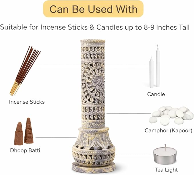Carry Me Marble Soapstone Incense Stick Holder | Candle Burner | Tea Light Stand - Perfect Handmade Bottle Tower. Decorative Floral Carving for Gifting - Home and Office Decor - (3x3x10.5 Inches)