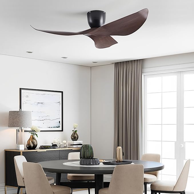52" Black Walnut Grain Flush Mount Ceiling Fan, Remote No Light | Modern Low-Profile, Heat Resistant ABS Blades, 6-Speed Reversible Quiet DC Motor for Balcony, Living Room, Bedroom