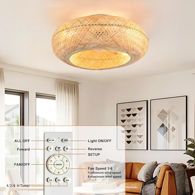 Depuley Boho Ceiling Fan with Light: 20 Inch Bamboo Woven Flush Mount Fandelier with Remote and Timer Control - Caged Ceiling Fan with 6 Speeds - Indoor Quiet Fan for Bedroom and Living Room